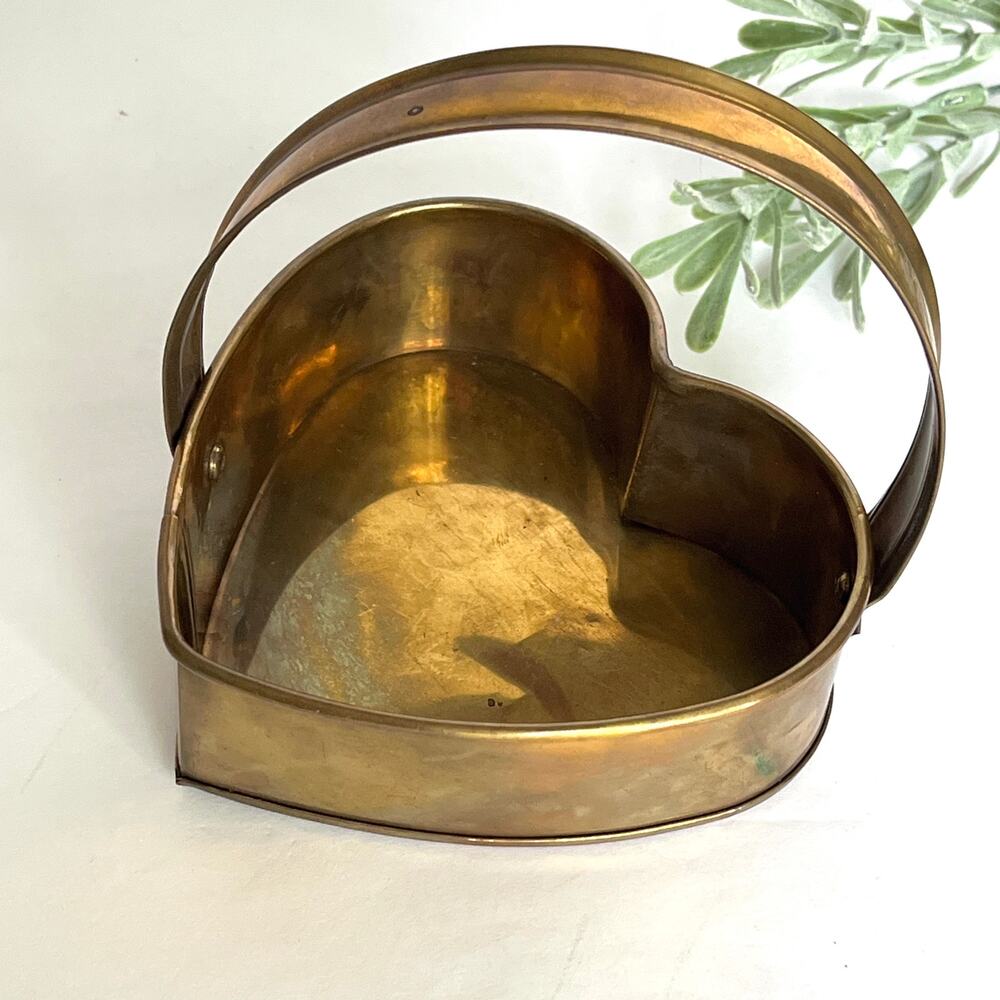 Vintage Solid Brass Heart Shaped Handled Basket Trinket Container Patina India